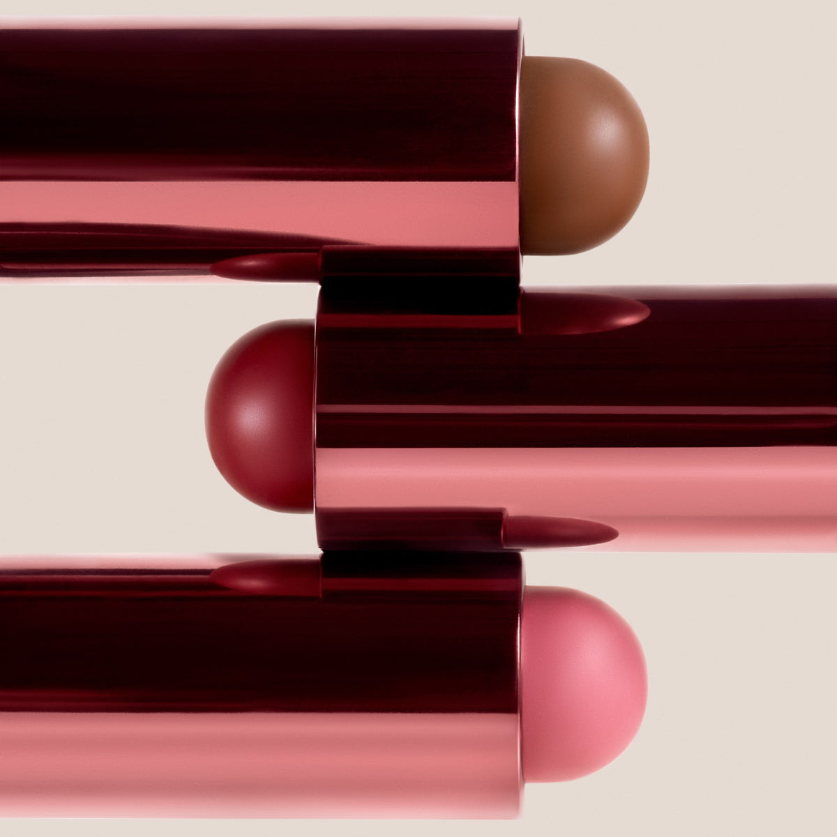 The three Bang Balm shades of the Hôtel Charly collection, close-up
