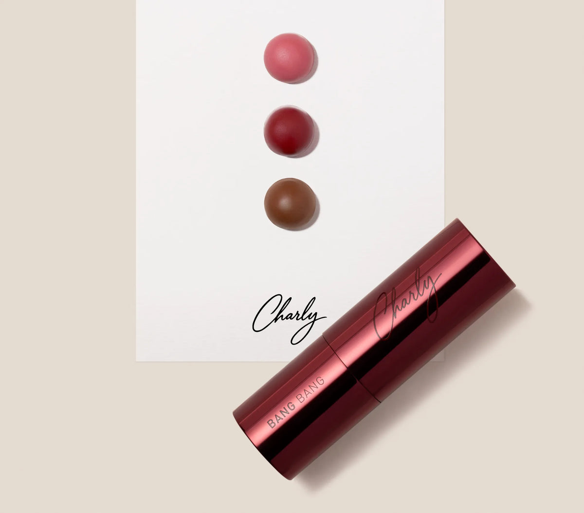 Carte des trois teintes du Bang Balm, avec le stick signé Charly